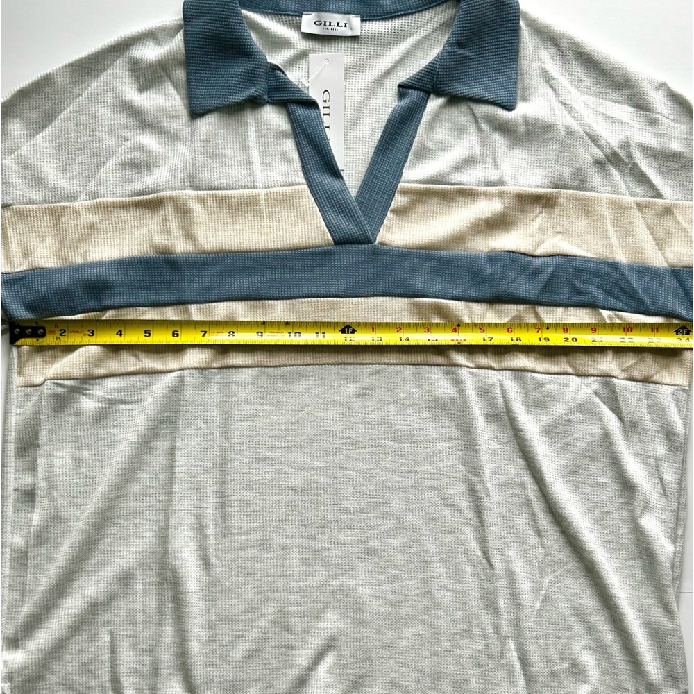 🌸NWT Women’s Waffle V-Neck Collared Top. Blue/Grey/Cream. Size: Large - Picture 7 of 10